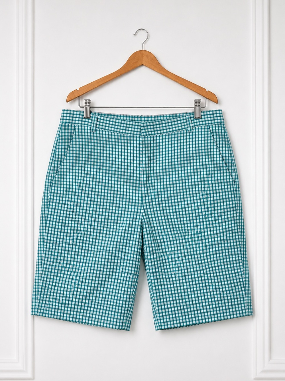 Talbots Heritage Gingham Bermuda Shorts Women’s Size 12 Long Aqua White - Picture 2 of 6
